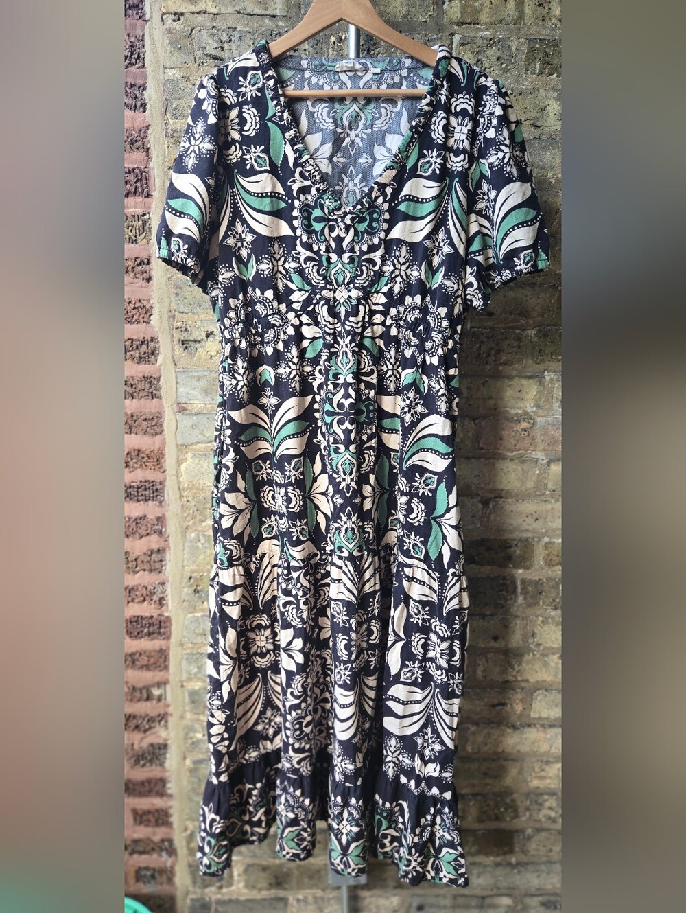 Fat Face Black & Cream Floral Print Women's Dress with Teal Accents